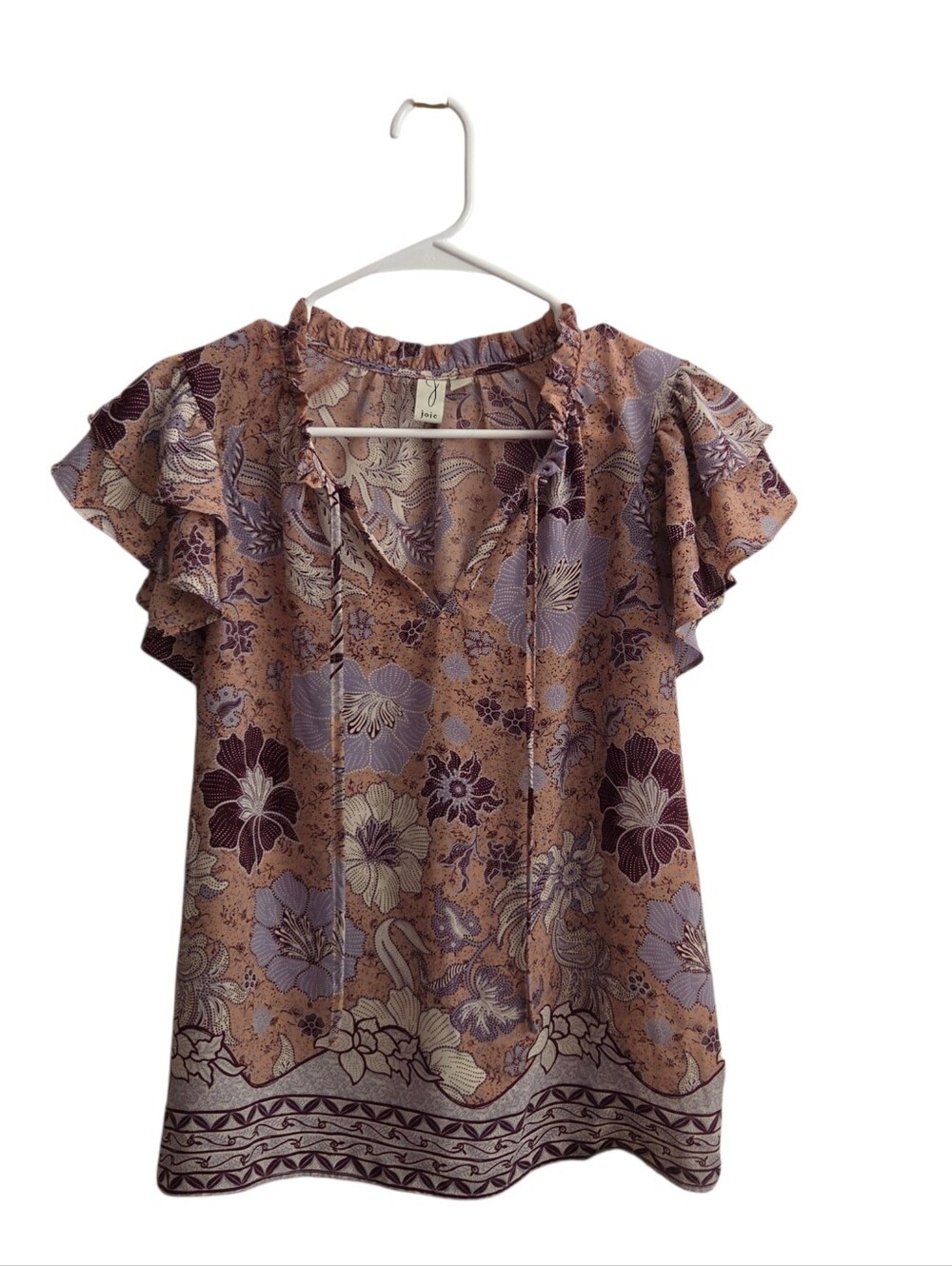 Joie Silk Floral Ruffle Flutter Sleeve Blouse Top Purple Lavender Pink Boho S
